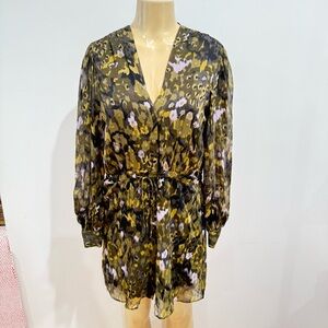 New Zara Chiffon Dress Sz L Metallic Long Sleeves Blouson Mini NWT